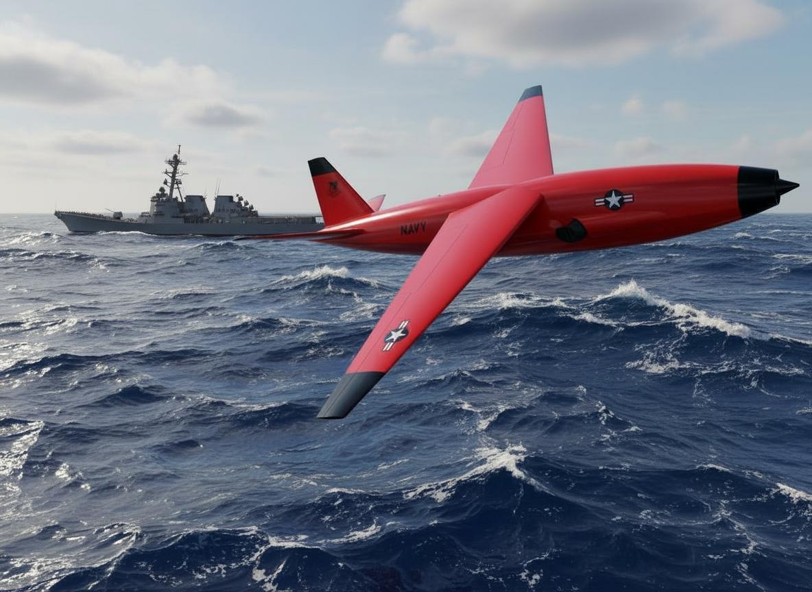 A metallic red jet engine model is mounted on a test stand with visible tubing, wiring, and a